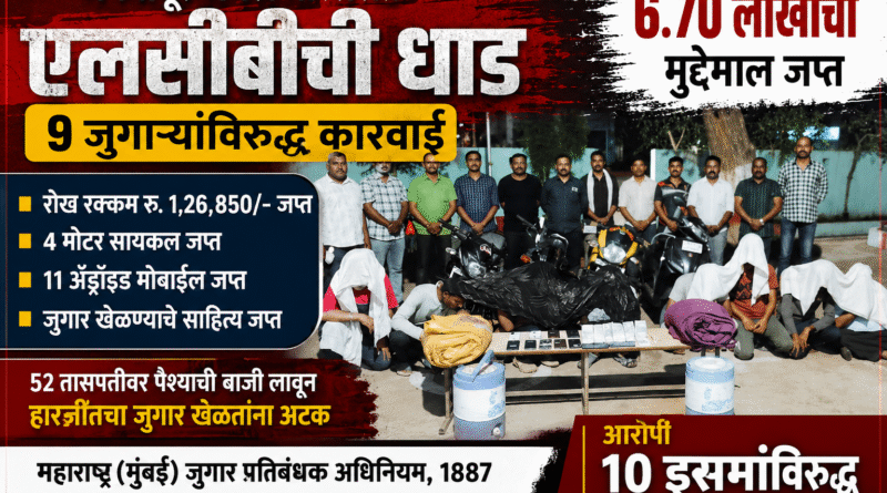 जुगार अड्ड्यावर LCB ची धाड; ९ जुगाऱ्यांविरुद्ध कारवाई